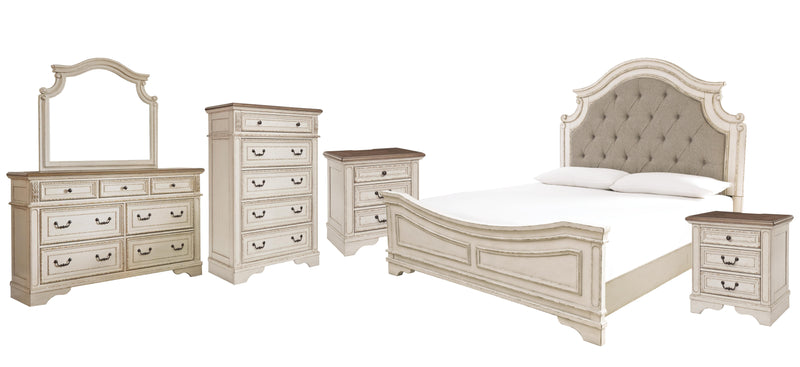 Realyn King Upholstered Panel Bed with Mirrored Dresser, Chest and 2 Nightstands in Chipped White - PKG006682
