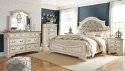 Realyn King Upholstered Panel Bed with Mirrored Dresser, Chest and 2 Nightstands in Chipped White - PKG006682