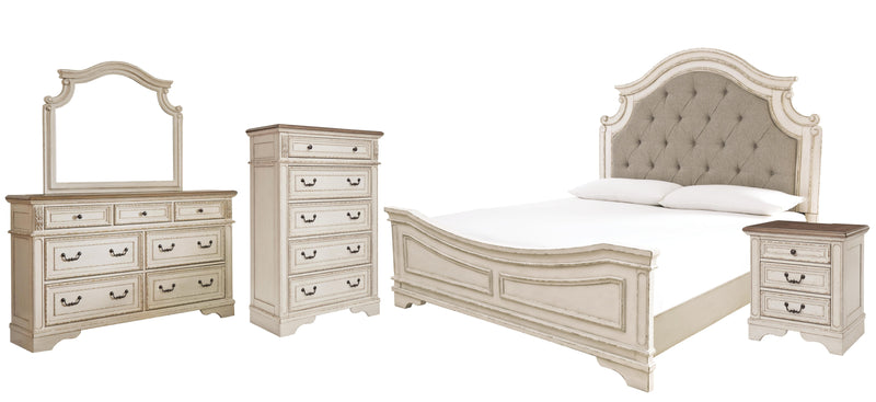 Realyn King Upholstered Panel Bed with Mirrored Dresser, Chest and Nightstand in Chipped White - PKG006681