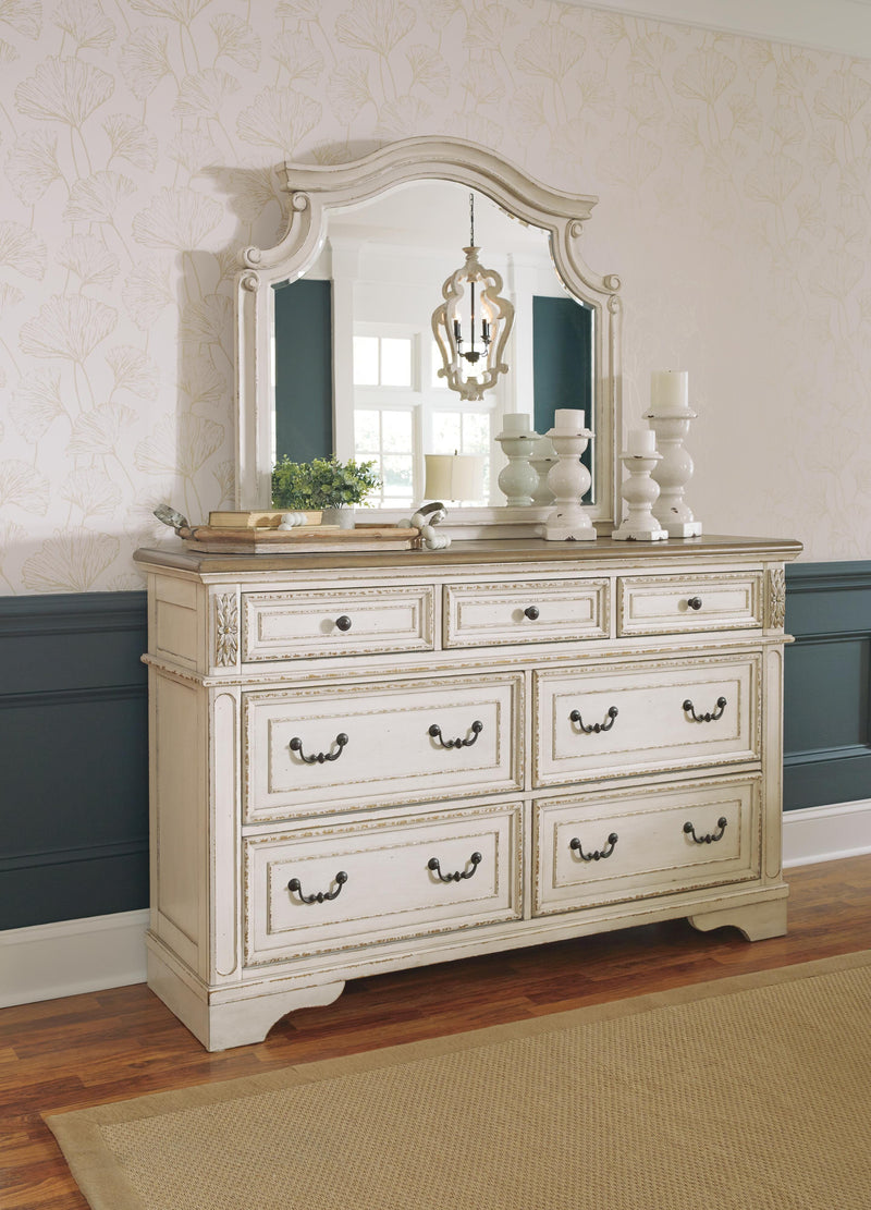 Realyn King Upholstered Panel Bed with Mirrored Dresser in Chipped White - PKG000715
