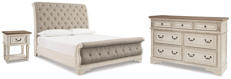 Realyn King Upholstered Sleigh Bed, Dresser and Nightstand - B743B108