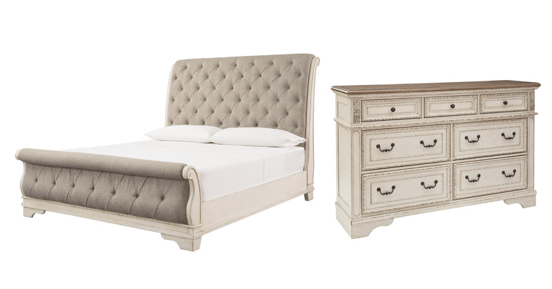 Realyn Queen Sleigh Bed with Dresser in Chipped White - PKG006666