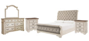 Realyn Queen Sleigh Bed with Mirrored Dresser and 2 Nightstands in Chipped White - PKG006669