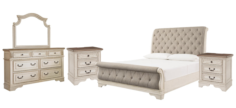 Realyn Queen Sleigh Bed with Mirrored Dresser and 2 Nightstands in Chipped White - PKG006669