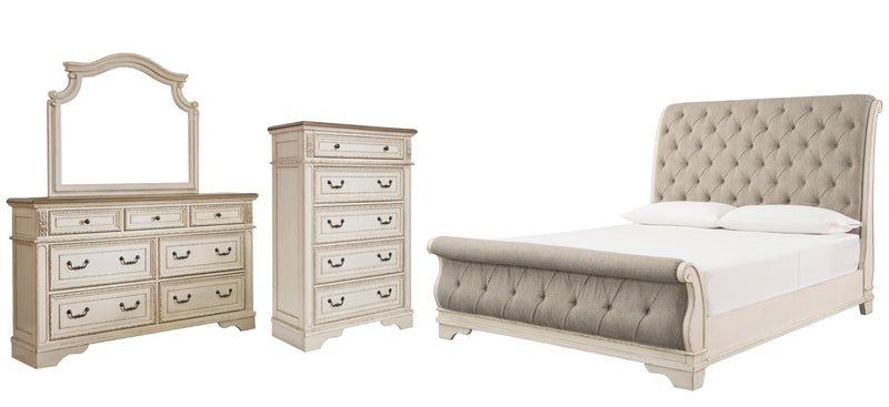 Realyn Queen Sleigh Bed with Mirrored Dresser and 2 Nightstands in Chipped White - PKG006670