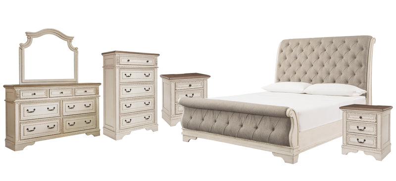 Realyn Queen Sleigh Bed with Mirrored Dresser, Chest and 2 Nightstands in Chipped White - PKG006673