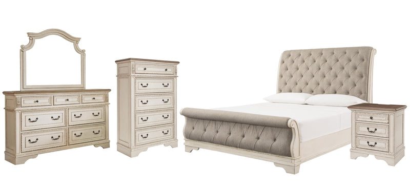 Realyn Queen Sleigh Bed with Mirrored Dresser, Chest and Nightstand in Chipped White - PKG006672