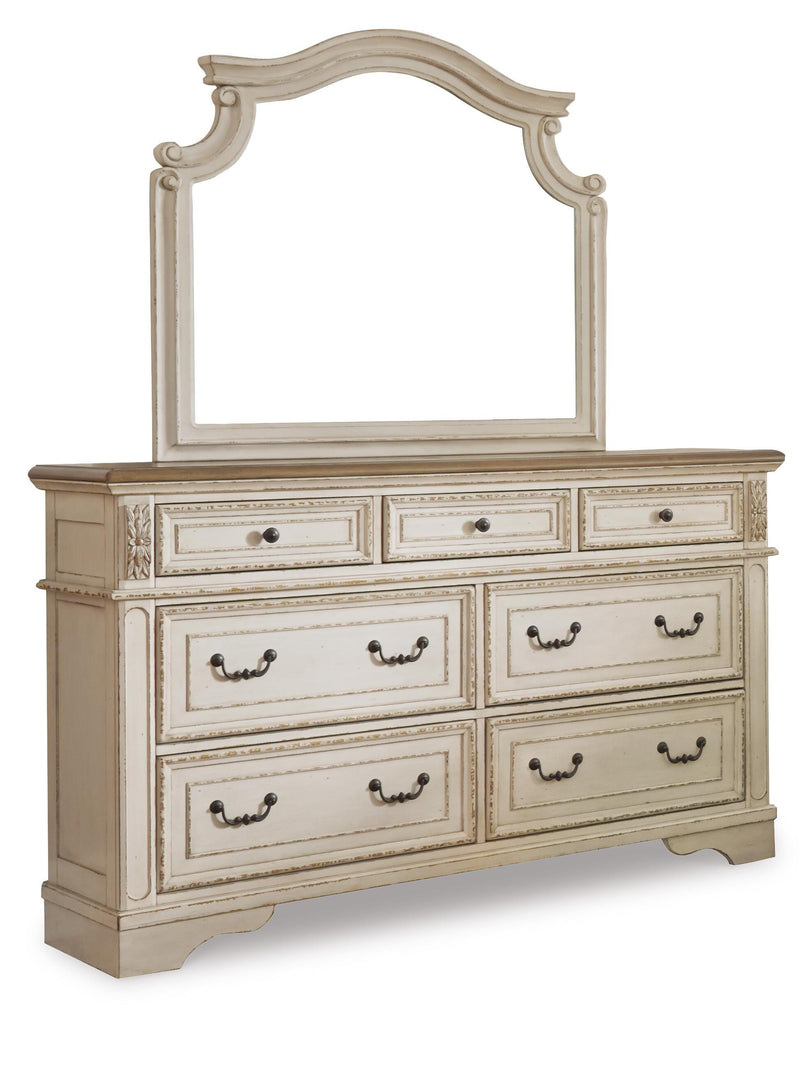 Realyn Queen Sleigh Bed with Mirrored Dresser, Chest and Nightstand in Chipped White - PKG006672