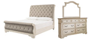 Realyn Queen Sleigh Bed with Mirrored Dresser in Chipped White - PKG006667