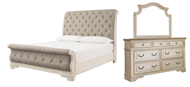 Realyn Queen Sleigh Bed with Mirrored Dresser in Chipped White - PKG006667