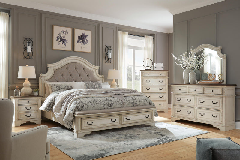 Realyn Queen Upholstered Bed with Mirrored Dresser and Chest in Two-tone - PKG010786