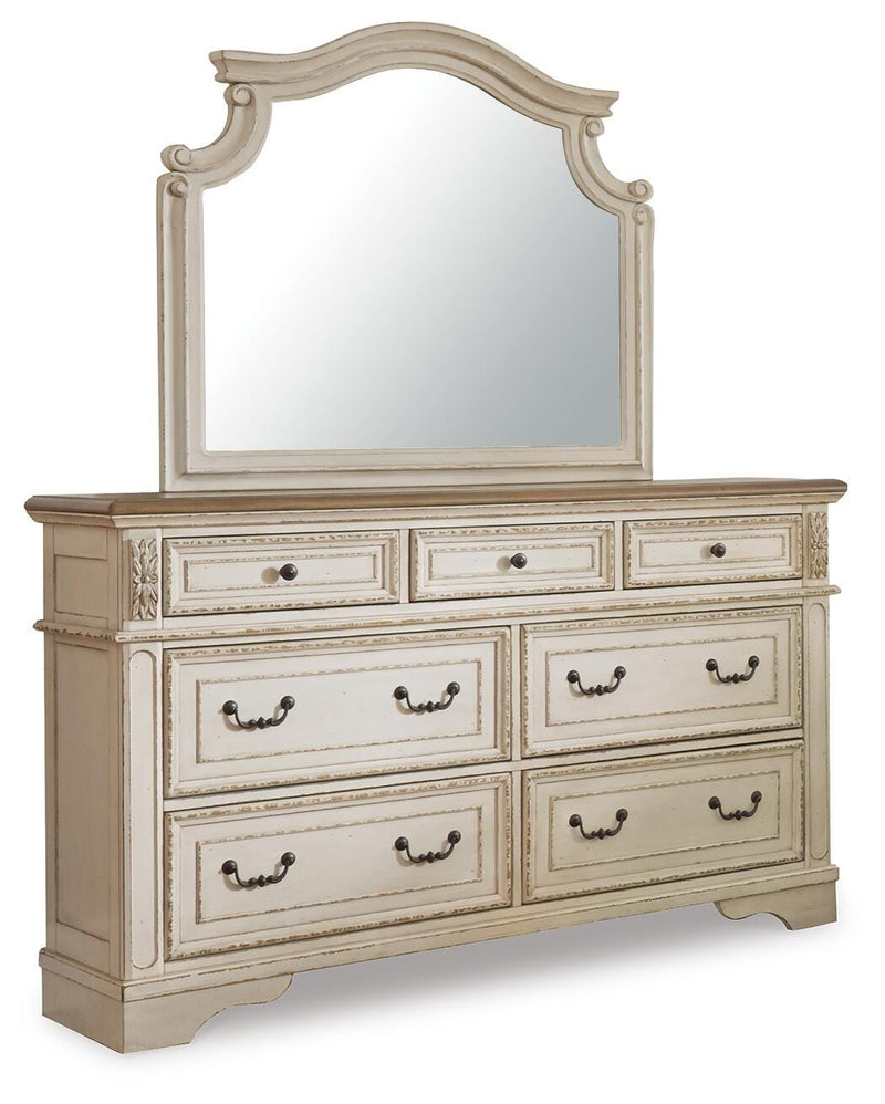 Realyn Queen Upholstered Panel Bed, Dresser, Mirror and Chest - B743B110