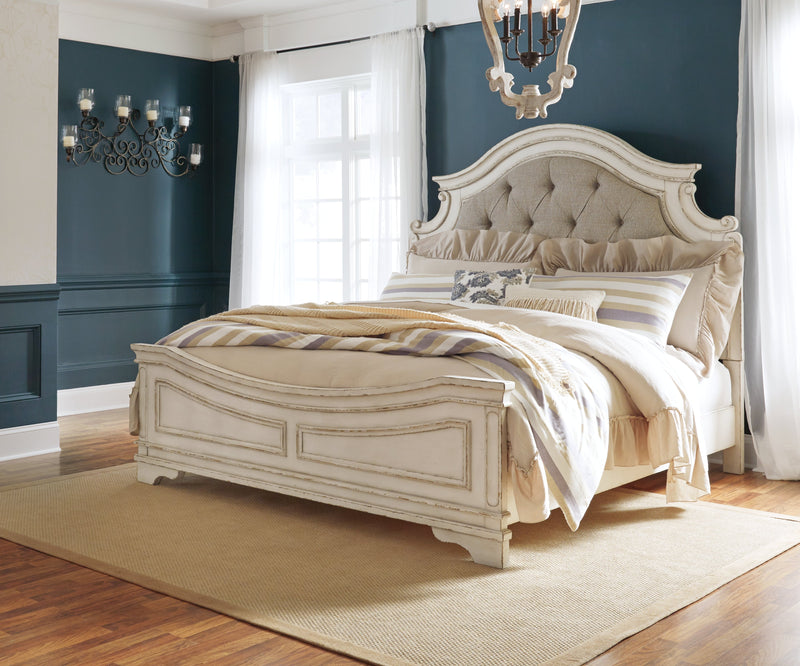 Realyn Queen Upholstered Panel Bed with Mirrored Dresser and 2 Nightstands in Chipped White from Ashley - Luna Furniture