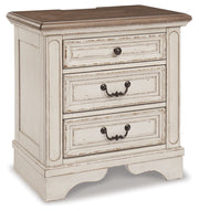 Realyn Queen Upholstered Panel Bed with Mirrored Dresser and 2 Nightstands in Chipped White from Ashley - Luna Furniture