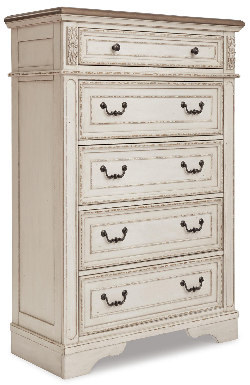 Realyn Queen Upholstered Panel Bed with Mirrored Dresser and Chest in Chipped White - PKG006661