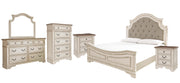 Realyn Queen Upholstered Panel Bed with Mirrored Dresser, Chest and 2 Nightstands in Chipped White - PKG006663