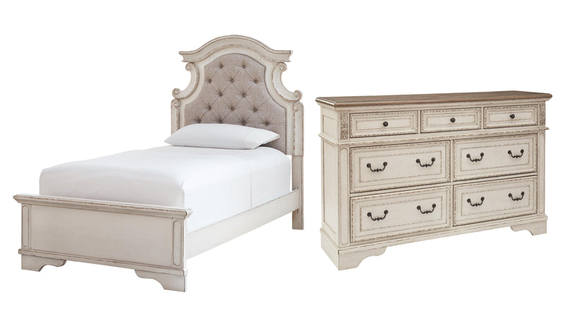 Realyn Twin Panel Bed with Dresser in Chipped White - PKG006712
