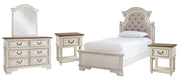 Realyn Twin Panel Bed with Mirrored Dresser and 2 Nightstands in Chipped White - PKG006717