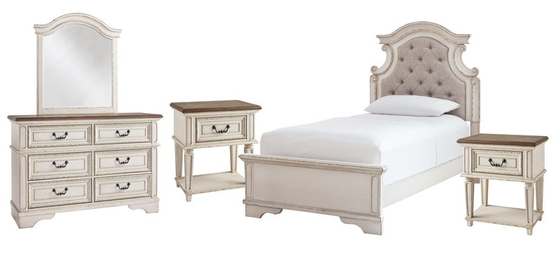 Realyn Twin Panel Bed with Mirrored Dresser and 2 Nightstands in Chipped White - PKG006717