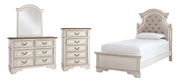 Realyn Twin Panel Bed with Mirrored Dresser and Chest in Chipped White - PKG006718