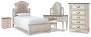 Realyn Twin Upholstered Panel Bed, Chest, Vanity and Nightstand - B743B99