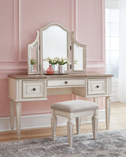 Realyn Two-tone Full Panel Bed, Dresser, Mirror, 3-Piece Vanity and Nightstand - B743B27