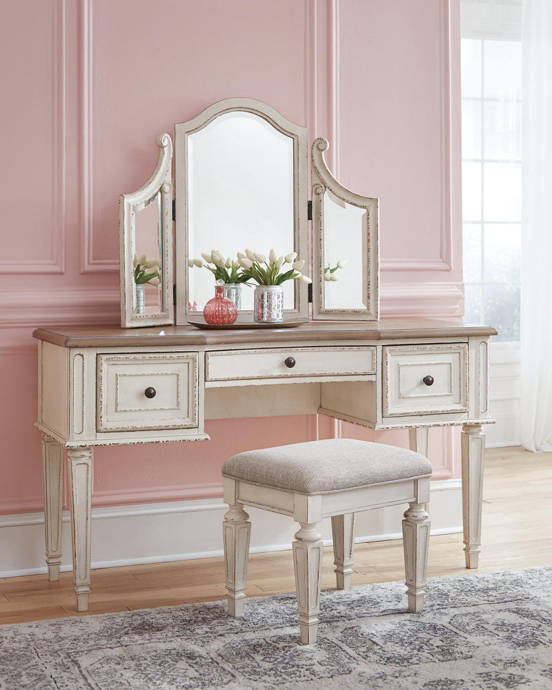 Realyn Two-tone Full Panel Bed, Dresser, Mirror, 3-Piece Vanity and Nightstand - B743B27