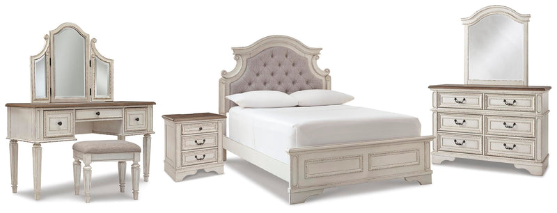 Realyn Two-tone Full Panel Bed, Dresser, Mirror, 3-Piece Vanity and Nightstand - B743B27