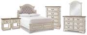 Realyn Two-tone Full Upholstered Panel Bed, Dresser, Mirror, Chest and 2 Nightstands - B743B77