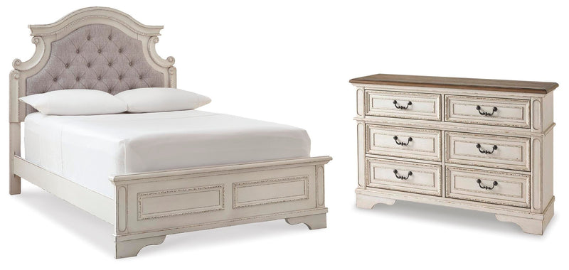 Realyn Two-tone Full Upholstered Panel Bed with Dresser - B743B34