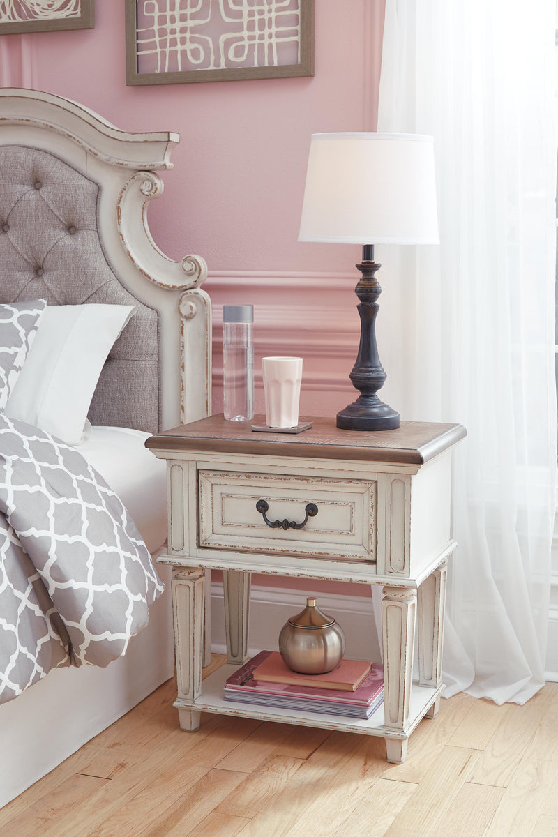 Realyn Two-tone King Panel Bed, Dresser, Mirror and Nightstand - B743B78
