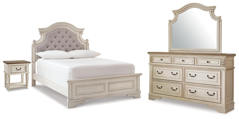 Realyn Two-tone King Panel Bed, Dresser, Mirror and Nightstand - B743B78