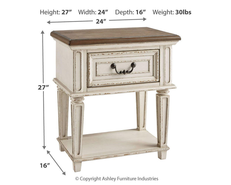 Realyn Two-tone King Panel Bed, Dresser, Mirror and Nightstand - B743B78