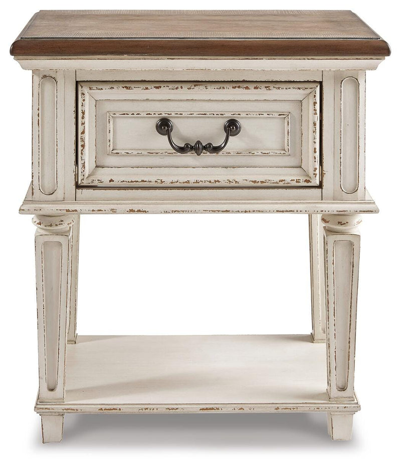 Realyn Two-tone King Upholstered Panel Bed, Dresser, Chest and Nightstand - B743B41