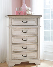 Realyn Two-tone King Upholstered Panel Bed, Dresser, Mirror, Chest and 2 Nightstands - B743B37