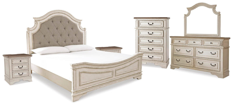 Realyn Two-tone King Upholstered Panel Bed, Dresser, Mirror, Chest and 2 Nightstands - B743B37