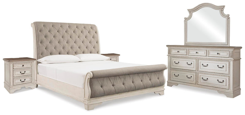 Realyn Two-tone King Upholstered Sleigh Bed, Dresser, Mirror and 2 Nightstands - B743B51