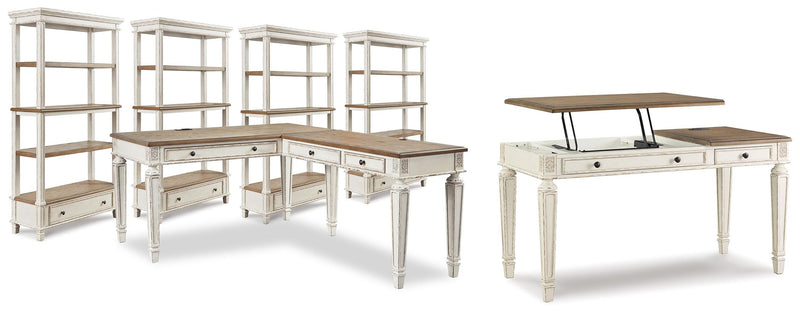 Realyn Two-tone Lift-top Desk, L-shaped Desk and 4 Bookcases - H743H4