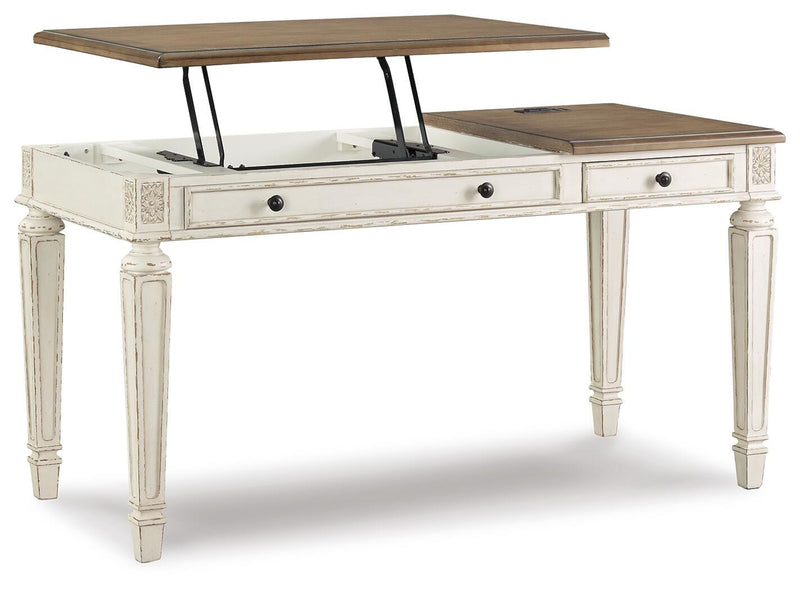 Realyn Two-tone Lift-top Desk, L-shaped Desk and 4 Bookcases - H743H4