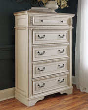Realyn Two-tone Queen Panel Bed, Dresser, Mirror and Chest - B743B28