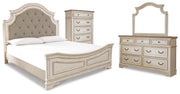 Realyn Two-tone Queen Panel Bed, Dresser, Mirror and Chest - B743B28