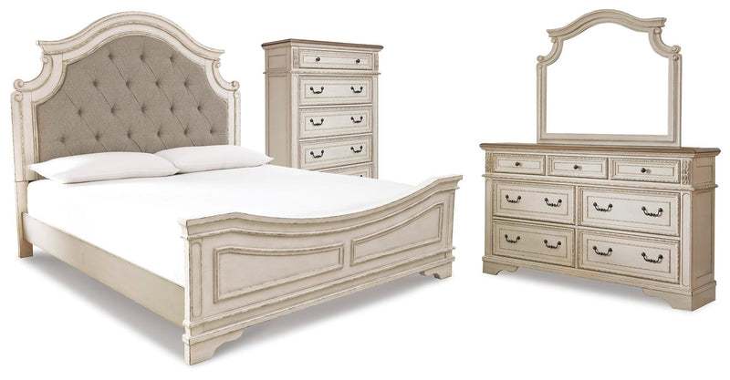 Realyn Two-tone Queen Panel Bed, Dresser, Mirror and Chest - B743B28