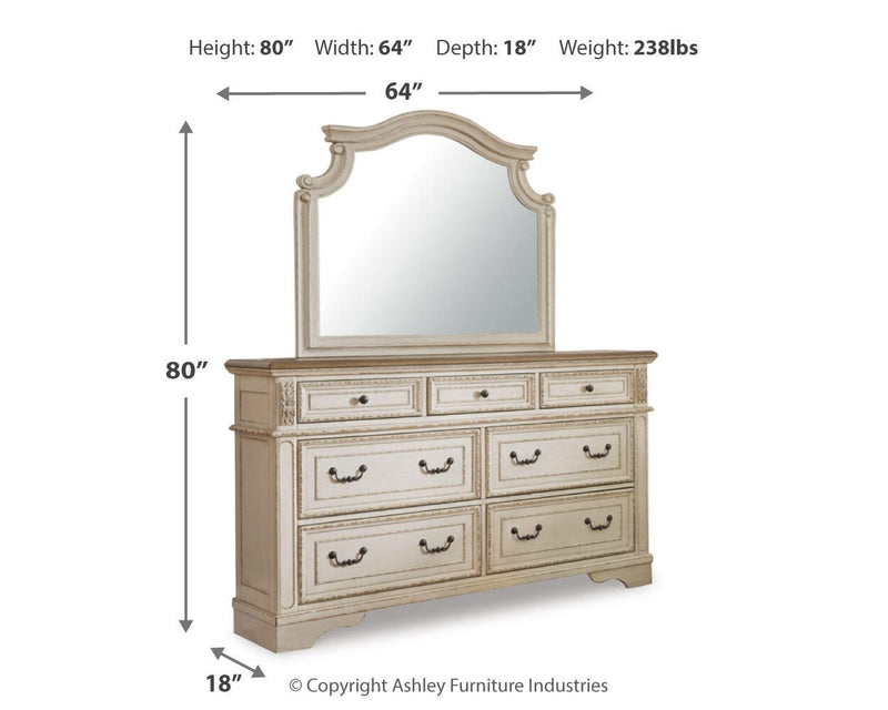 Realyn Two-tone Queen Panel Bed, Dresser, Mirror and Chest - B743B28