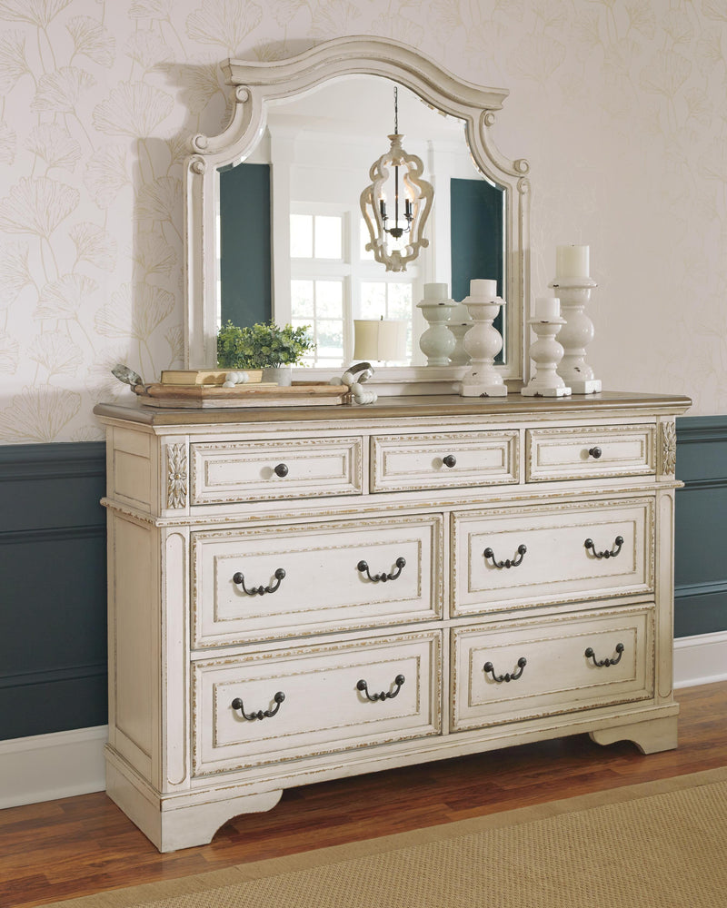 Realyn Two-tone Queen Panel Bed, Dresser, Mirror and Chest - B743B28