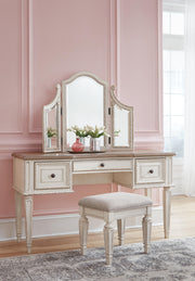 Realyn Two-tone Queen Panel Bed, Dresser, Mirror and Vanity - B743B86