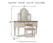 Realyn Two-tone Queen Panel Bed, Dresser, Mirror and Vanity - B743B86