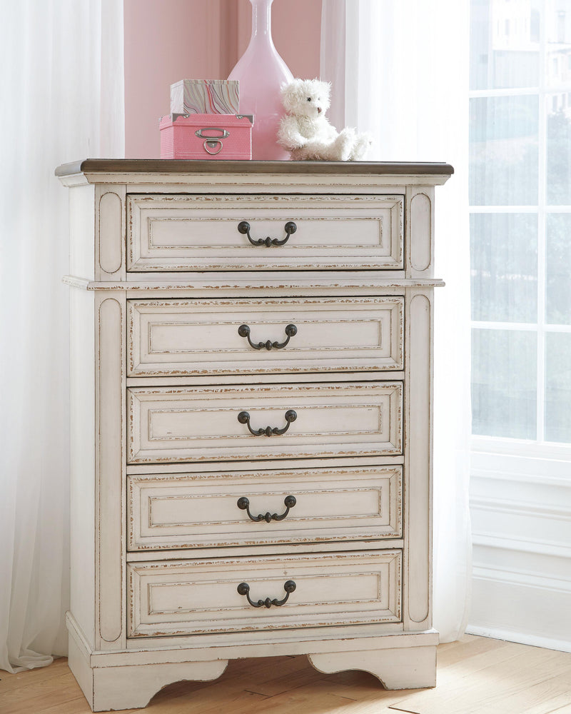 Realyn Two-tone Queen Panel Bed, Dresser, Mirror, Chest and Nightstand - B743B46