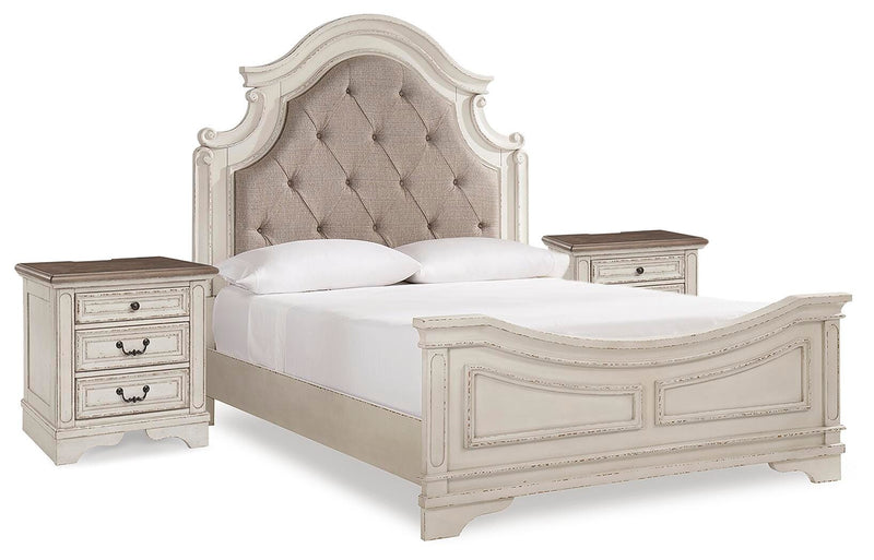 Realyn Two-tone Queen Upholstered Panel Bed and 2 Nightstands - B743B55