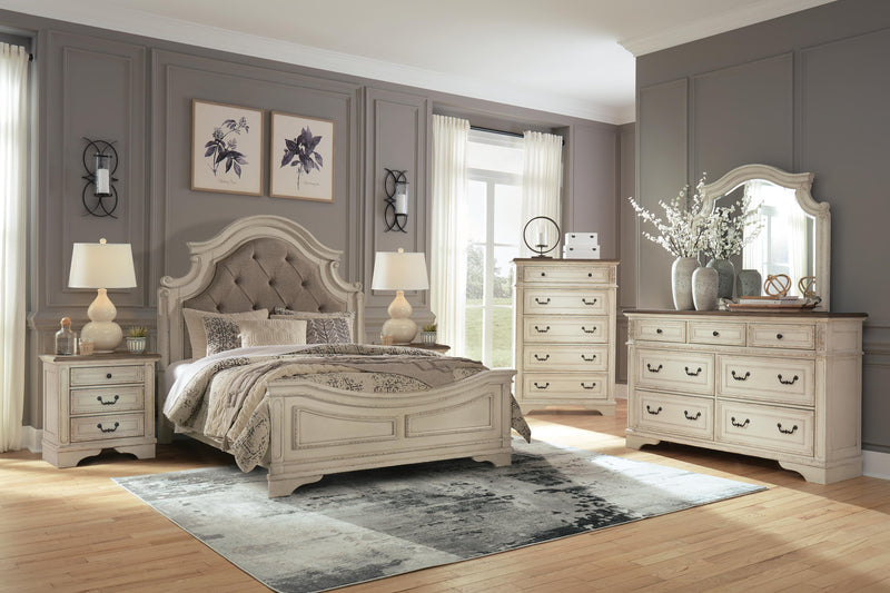 Realyn Two-tone Queen Upholstered Panel Bed and 2 Nightstands - B743B55