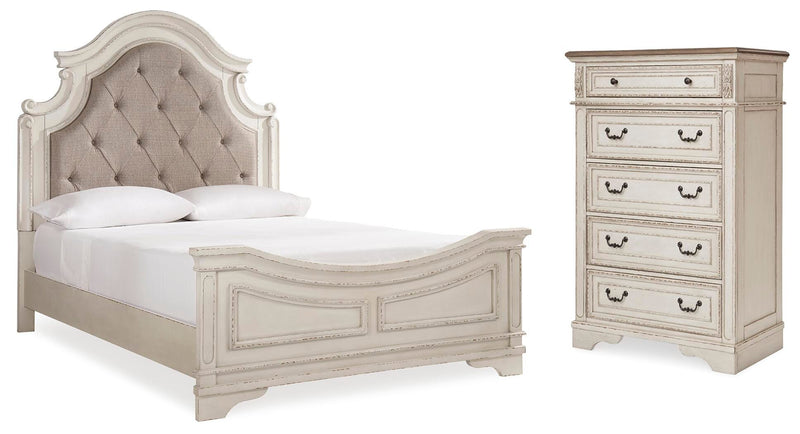 Realyn Two-tone Queen Upholstered Panel Bed and Chest - B743B54